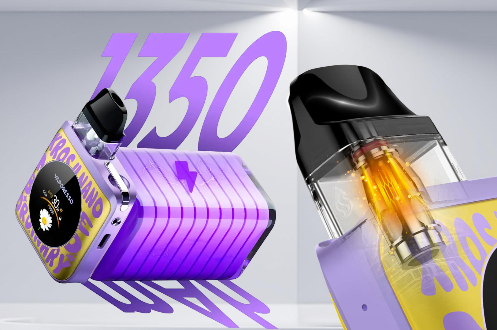 lose-up view of the Vaporesso XROS 4 Nano internal components, highlighting the large 1350mAh integrated battery and the mesh coil utilizing the highly efficient COREX heating technology, emphasizing extended duration and enhanced flavor output