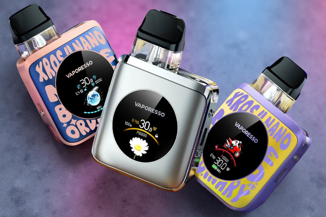 Detailed image of the Vaporesso XROS 4 Nano 1.3-inch TFT color screen, showcasing the three distinct user interface themes (Classic, Modern, and Detailed) available for full personalization of the display information