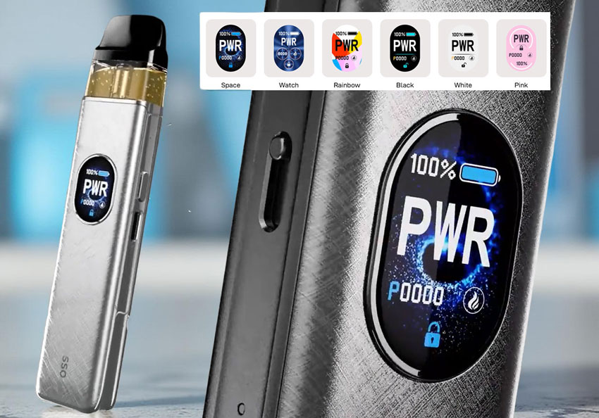 Vaporesso XROS Pro device showing the 0.88-inch color display screen with theme customization options visible.