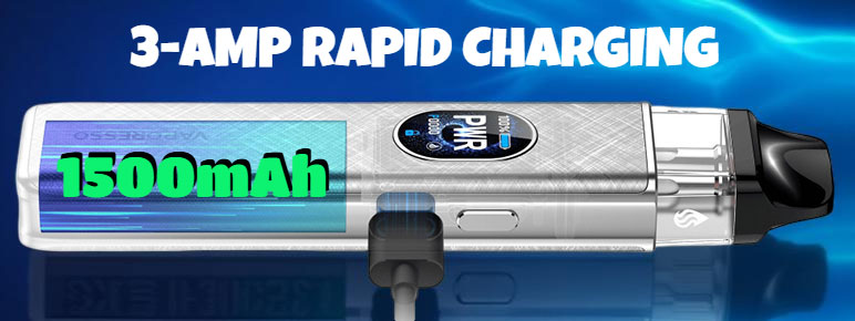 Vaporesso XROS device highlighting the 1500mAh internal battery and the fast 3-Amp USB Type-C charging port.