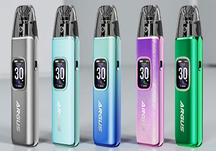 Voopoo Argus G3 pod kit shown with 30w max power on the display and the color options