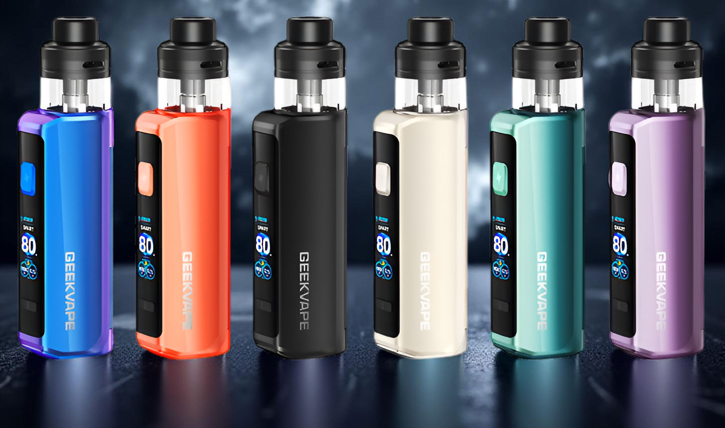 Geekvape Aegis Force Box Mod Pod Kit showing the color options: carbon black, chameleon prism, iris purple, moss green, canyon orange, ivory white.