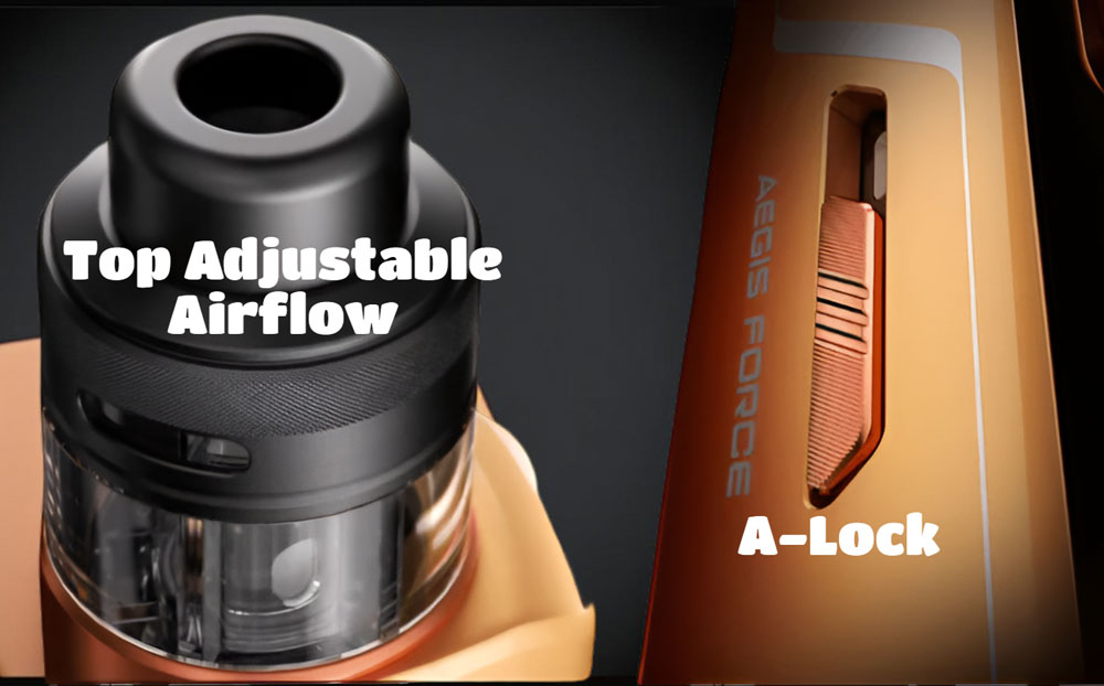 Close-up view of the the Geekvape Aegis Force pod, clearly showing the integrated top-adjustable airflow slider and the metallic A-Lock switch on the mod, which locks the device to prevent accidental firing.