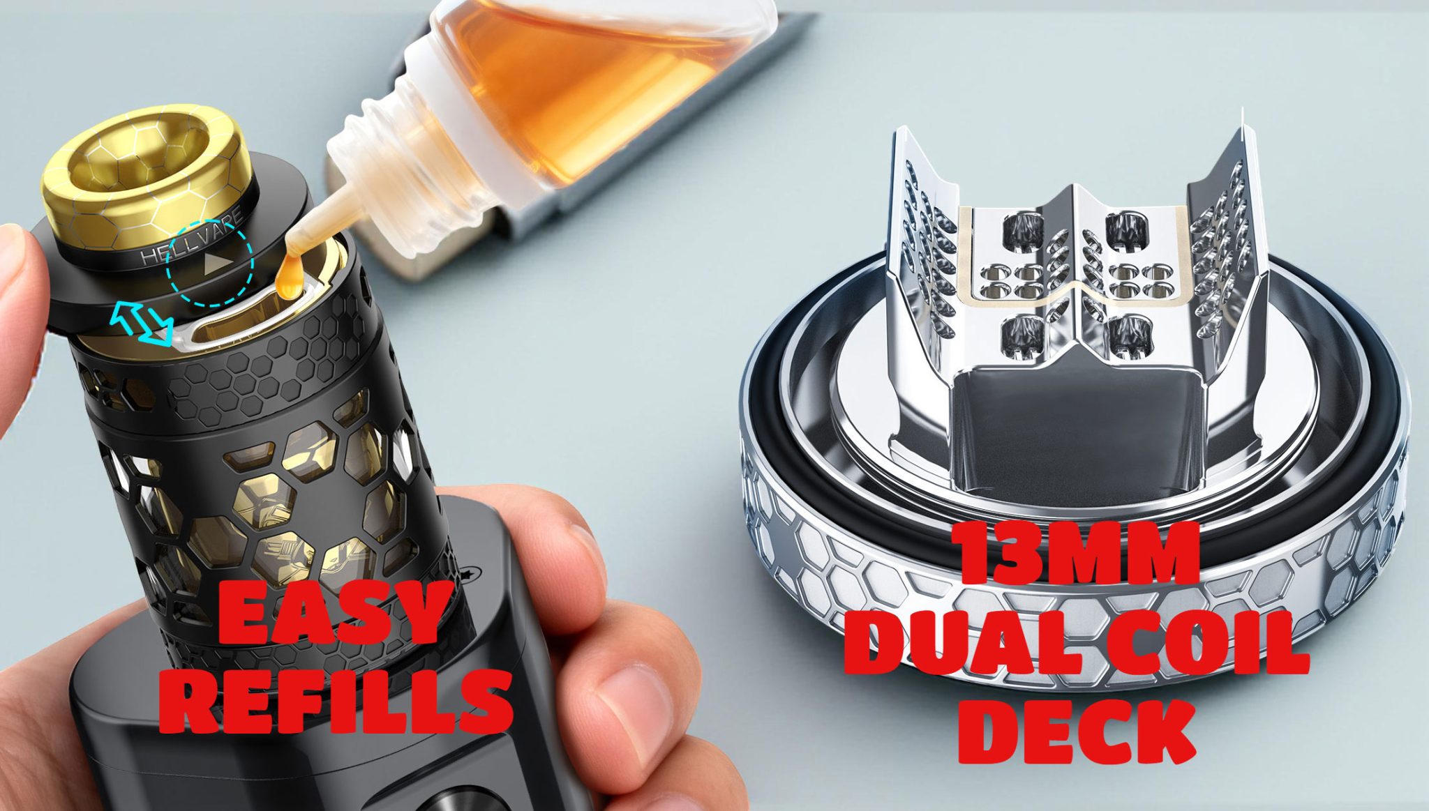 Image of the Hellvape Dead Rabbit 4 RTA Pro top fill method and spacious 13mm post-less dual-coil build deck with 48 honeycomb airflow holes.