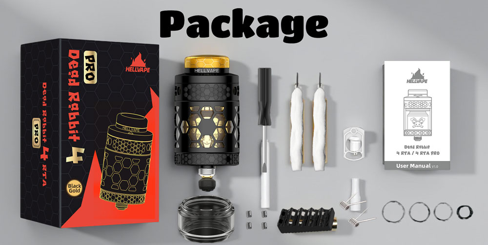 Hellvape Dead Rabbit 4 RTA Pro package contents: the RTA, 5.5mL bubble glass tube, two 0.37ohm Ni80 Clapton coils, two shoelace cotton strips, and the coil cutting tool.