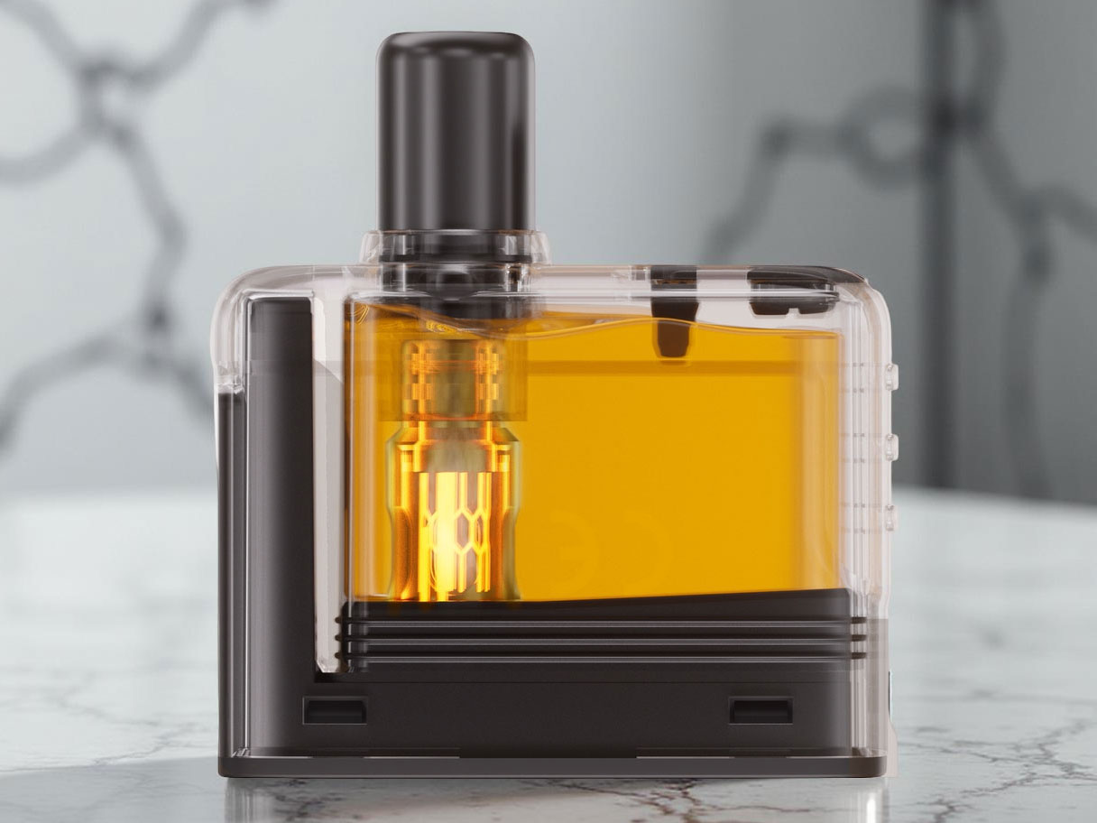 A high-resolution close-up of a single Lost Vape Centaurus Ori 5ml pod cartridge. The transparent PCTG material shows the pod filled with amber-colored e-liquid through the large e-liquid window. The internal mesh coil is shown in mid-activation, glowing a bright, cherry-red from the center, highlighting the heating element's response.