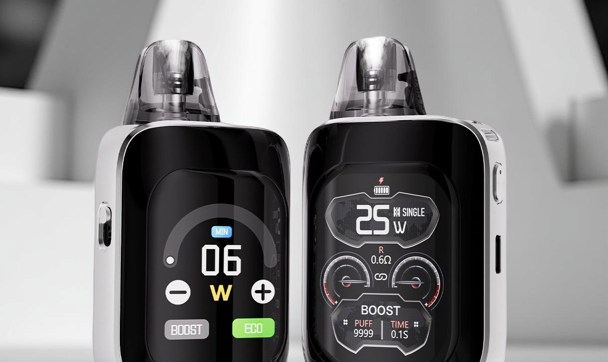 A close-up of the Ursa Baby 3 Pro touch screen interface displaying the digital wattage adjustment controls with plus and minus icons, alongside the selectable Boost and Eco mode toggles for power management.