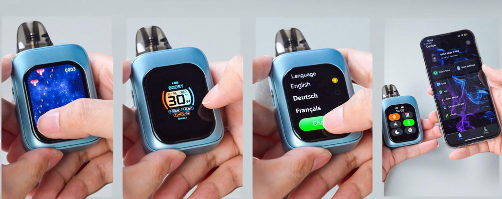 A close-up of the Lost Vape Ursa Baby 3 Pro’s 2.01-inch TFT touch screen