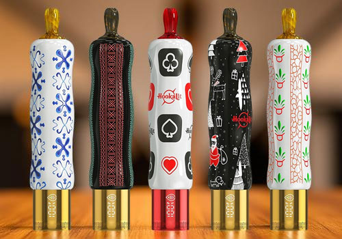 A lineup of Olit Hookalit S Disposables with these finish color options: Lady Killer, Blue Mist, White Flash, Love 66, and Lucid Dream