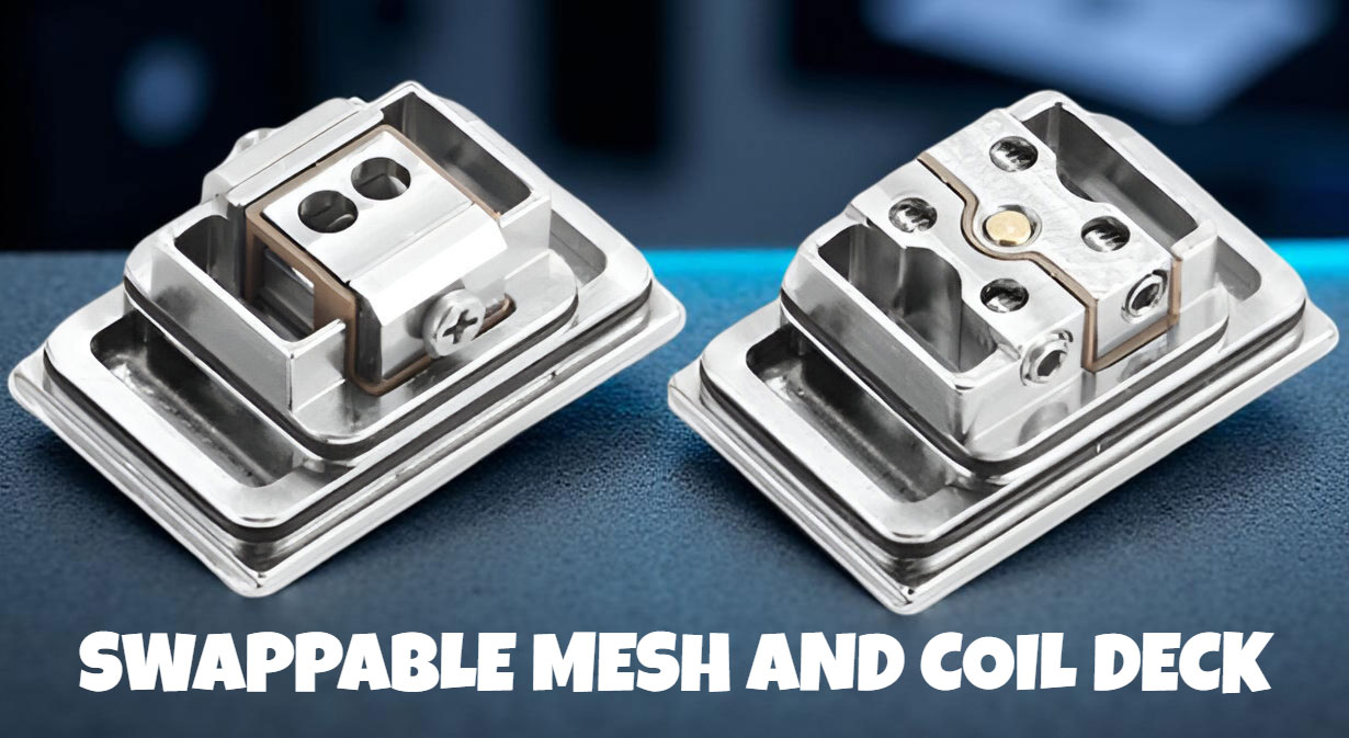 The two swappable rebuildable decks (postless coil deck and dedicated mesh deck) for the Steam Crave Meson AIO Boro Tank.