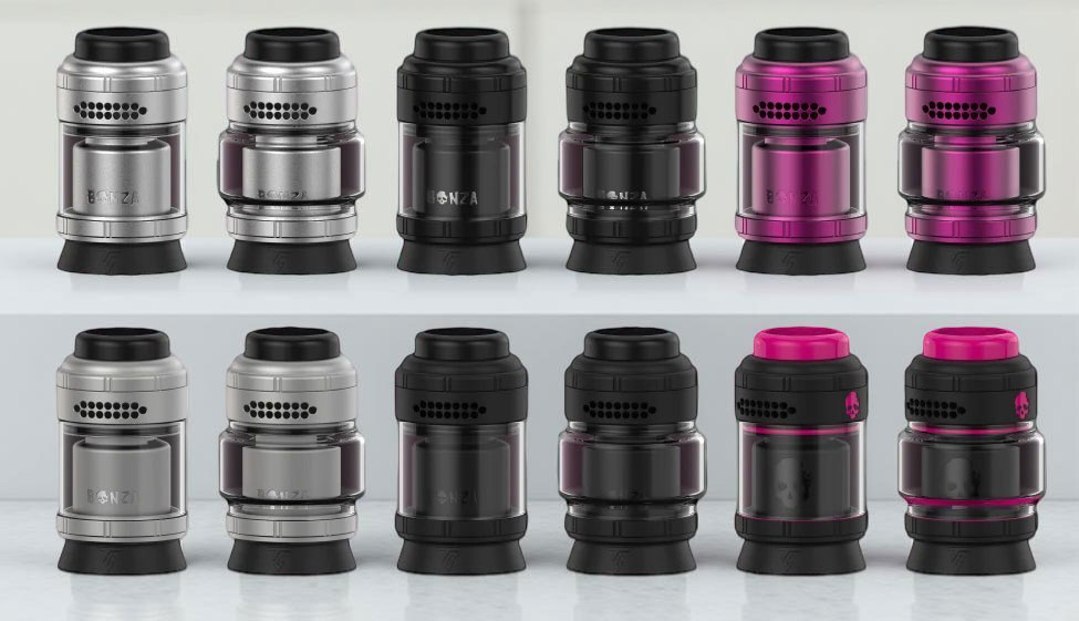 The ThunderCloud Bonza Pro RTA shown in a group image displaying the full range of colors: Brushed SS Silver, Black, Purple, Matte SS, Matte Black, and Black Pink finishes.