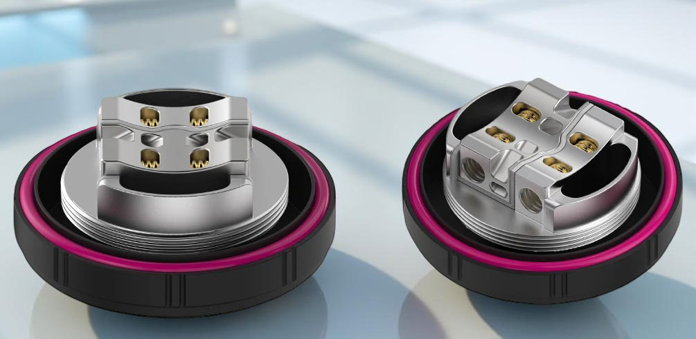 Collage showing two views of the ThunderCloud Bonza Pro RTA build deck: a close-up of the curved postless deck with installed dual coils, and a top-down view highlighting the three-directional airflow channels.