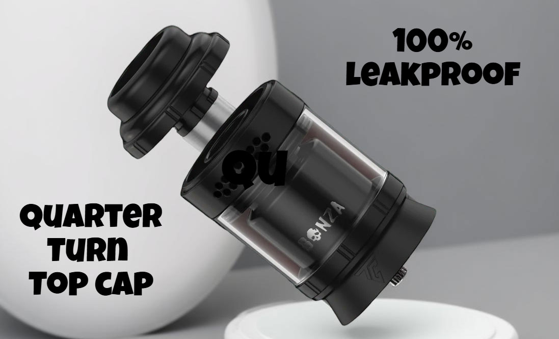 Close-up of the Bonza Pro RTA's top cap removed, showing the quarter-turn locking mechanism and the generous kidney-shaped refill ports for easy, secure e-liquid replenishment.