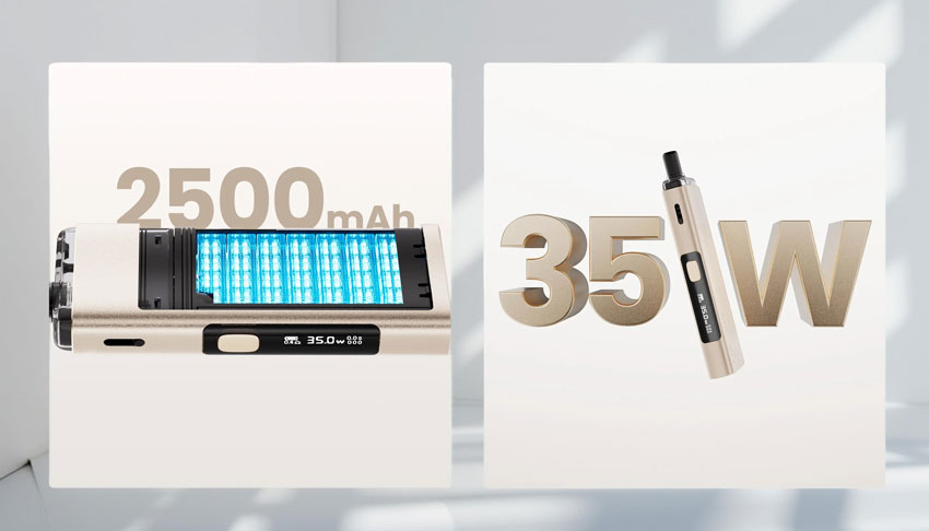 A two-panel horizontal collage of the Lost Vape Centaurus Ori 35. The left panel features a close-up of the device’s internal architecture highlighting the high-density 2500mAh battery. The right panel shows the 0.69-inch OLED screen illuminated and set to its maximum 35W power output. Both panels showcase the sleek zinc alloy construction and premium finish of the device.