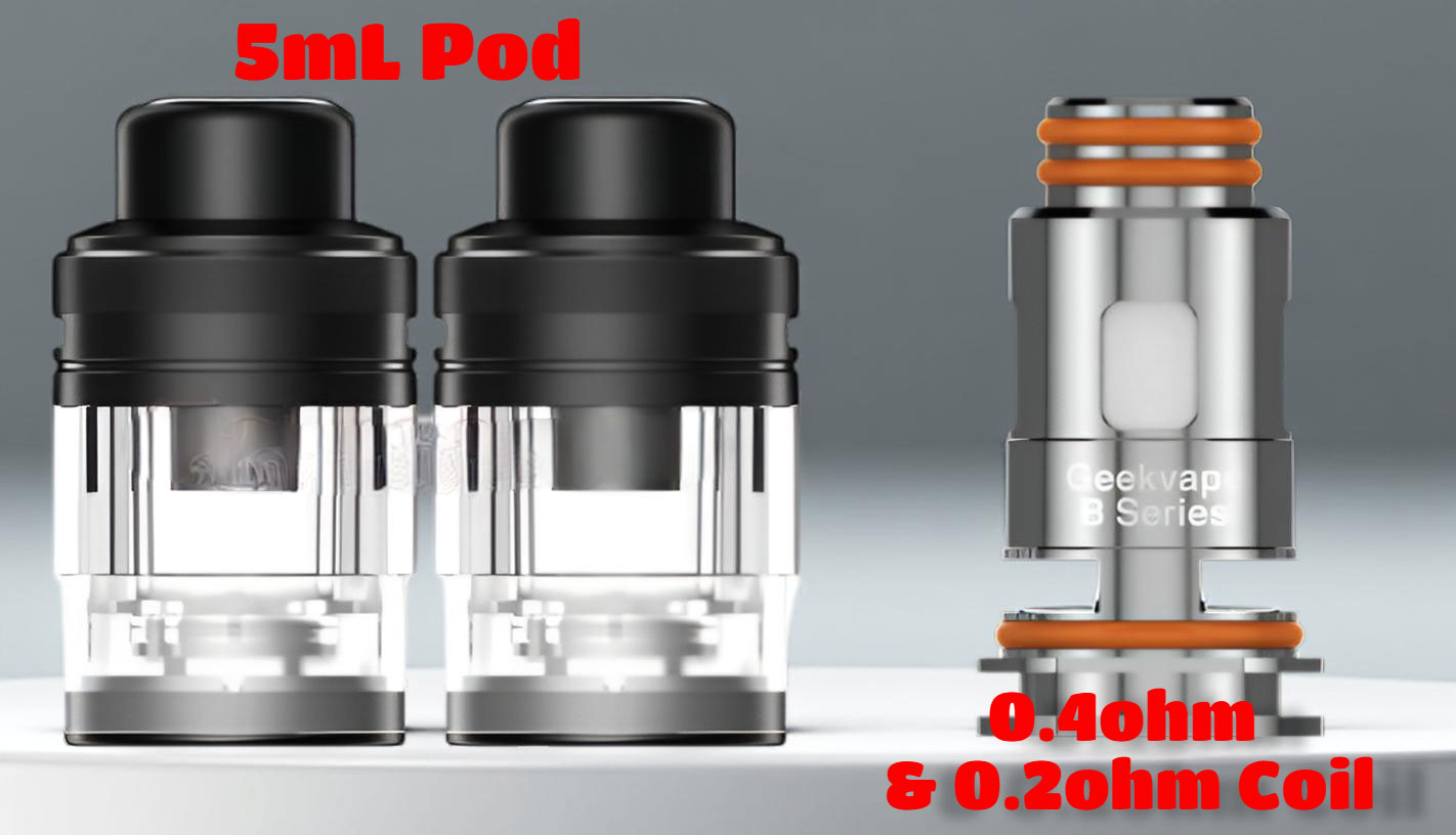 The Geekvape Aegis Force 5mL capacity cartridge next to the two included B Series Boost coils: the 0.2 ohm (50-58W) and the 0.4 ohm (25-35W).