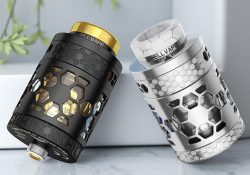 Close-up view of the 5.5mL Hellvape Dead Rabbit 4 RTA Pro top fill system and spacious 13mm post-less dual-coil build deck with 48 honeycomb airflow holes.