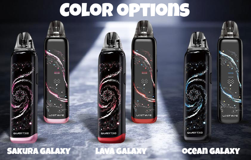 Close up view of the Lost Vape Galaxy T360 pod system shown in three distinct color finishes: Sakura Galaxy (pink), Lava Galaxy (red/orange), and Ocean Galaxy (blue/green). The 360-degree screen is active, showing the battery level and current mode.