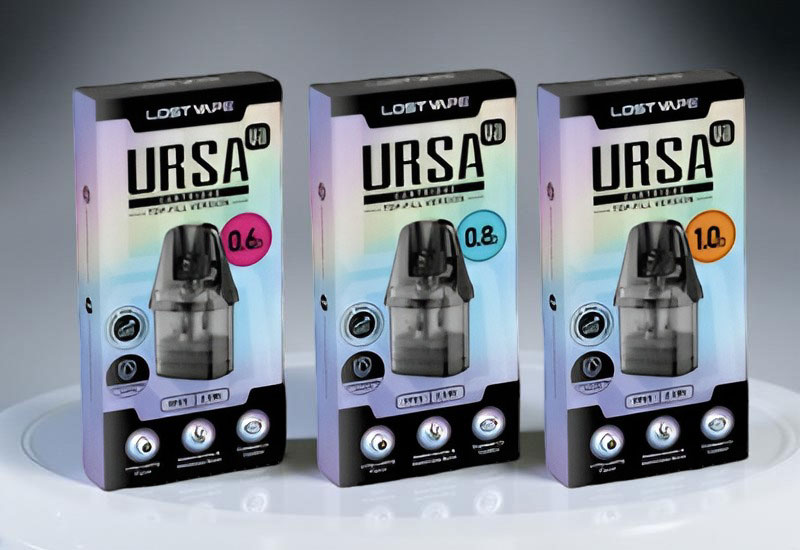 Display of three distinct Lost Vape Ursa V3 Pod Cartridges labeled 0.6ohm, 0.8ohm, and 1.0ohm. The visual emphasizes the different resistances available for use with the Galaxy T360 Kit, accommodating various mouth-to-lung and restricted direct-to-lung puff styles.
