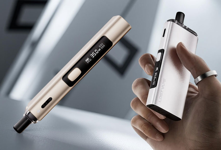 A close-up, high-detail shot of the Lost Vape Centaurus Ori 35 held between a thumb and forefinger to demonstrate its palm-sized portability. The bright 0.69-inch OLED screen is in sharp focus, clearly displaying the current wattage, coil resistance, and battery level against the premium zinc alloy and leather chassi