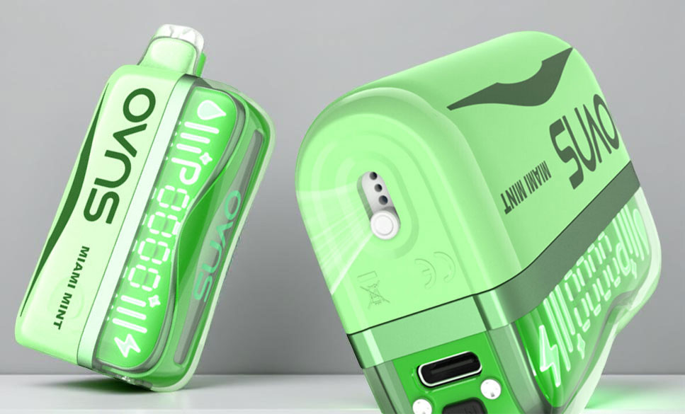 A side-by-side comparison image of the OVNS Puff Geek X control features. On the left, the digital display screen is shown with two illuminated stars, indicating the device is active in the high-output 20W Turbo mode. On the right, the focus shifts to the physical airflow slider on the side of the chassis, showing the three distinct notched settings used to regulate air intake.