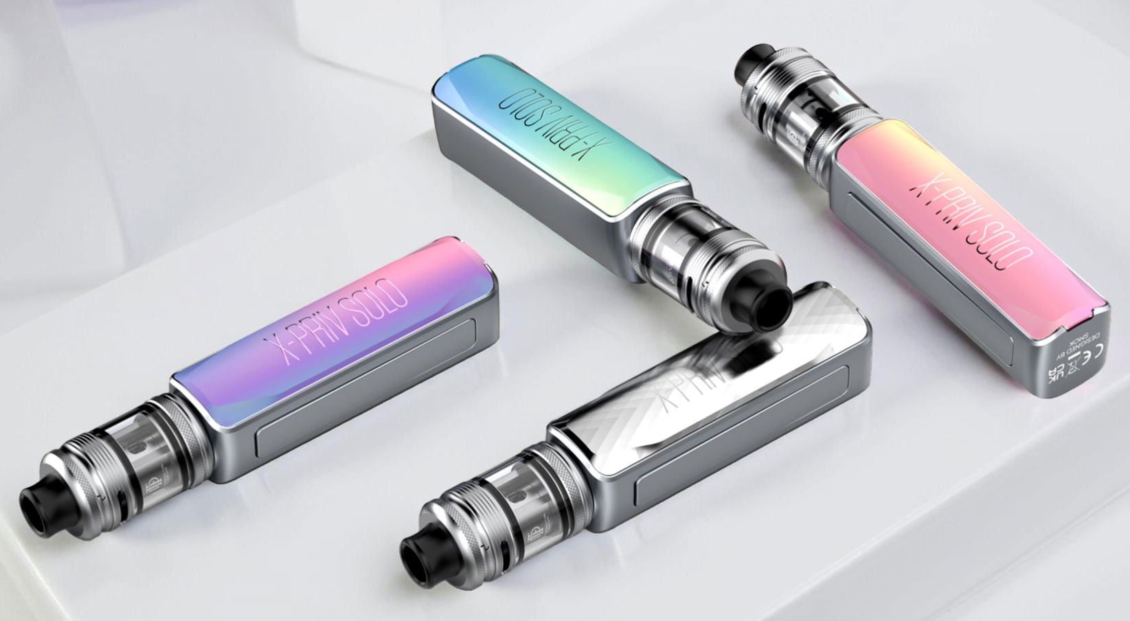 A lineup of four SMOK X-Priv Solo 80W Mod Kits showcased in Purple, Pale Blue, Pink, and Silver Lines, each highlighting the premium zinc-alloy chassis, ergonomic side-bar firing mechanism, and the matching TF-D Subtank; the compact, handheld design emphasizes high-end materials and portability for on-the-go vaping