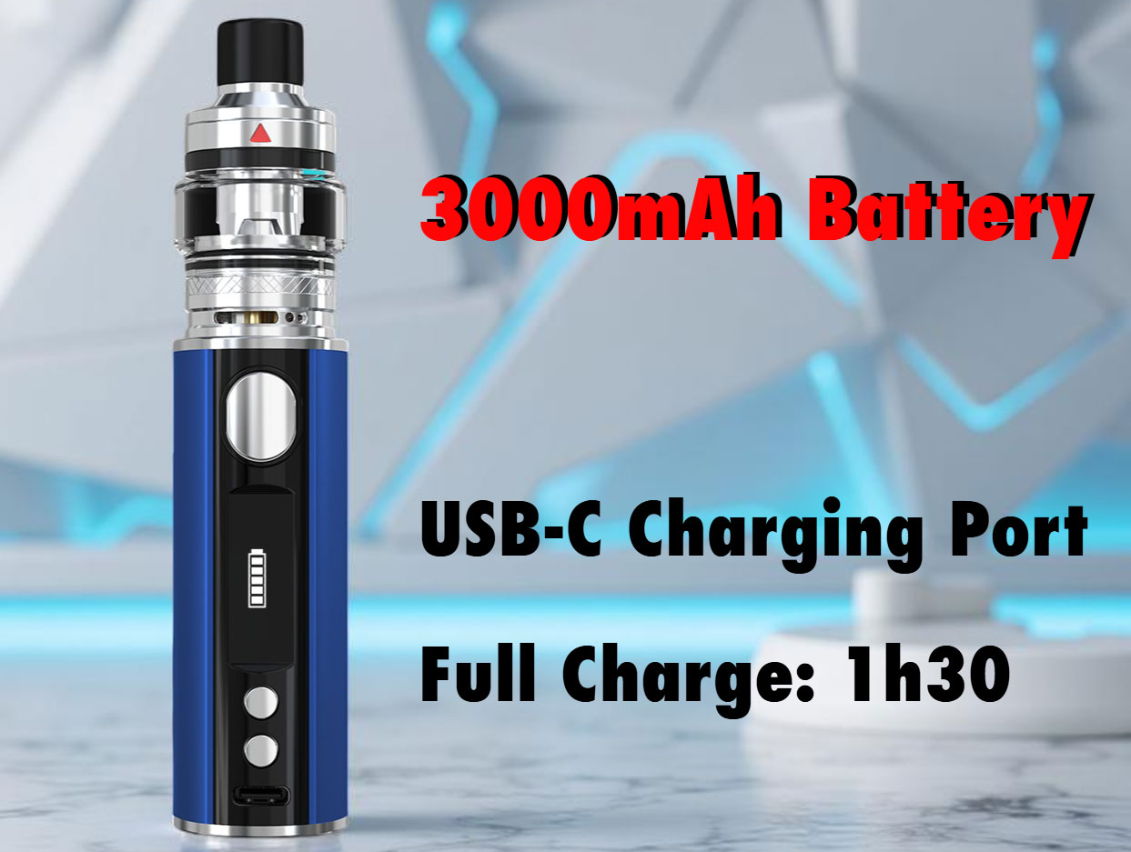 An upright Eleaf iStick T80 kit shown with descriptive text overlays highlighting the 3000mAh battery, the USB-C charging port, and the 1h30m full charge time.