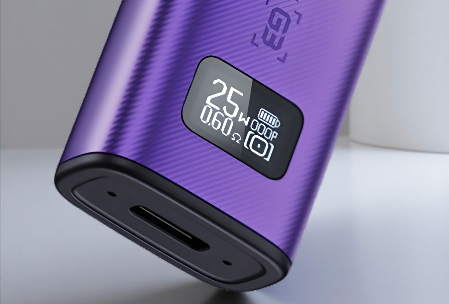 A sharp close-up of the Caliburn G3 OLED screen, displaying the current wattage setting, a precise battery level percentage, the pod resistance, and a four-digit puff counter.
