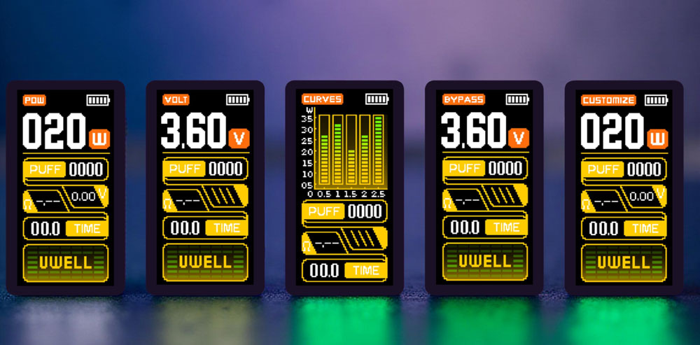 composite of five images showing the Uwell Crown D screen, each displaying a different firing mode: Power, Volt, Curves, Bypass, and Customize, illustrating the diverse technical settings available to the user.