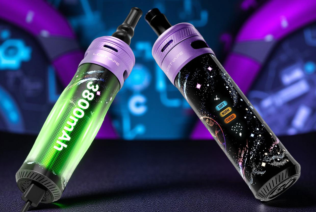 A dual-view technical illustration of the Lost Vape Astara Pod System, with the left side highlighting the massive integrated 3800 mAh battery capacity on the chassis and the right side providing a detailed view of the 360 panoramic galaxy screen displaying the Soft, Norm, and Turbo vaping modes.