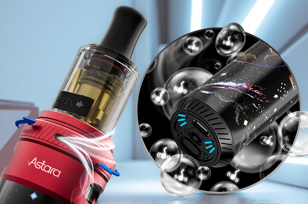 A technical split-view of the Lost Vape Astara: the left side shows the pod installed with an illustration of vapor exiting the top airflow ring and arrows indicating adjustable control, while the right side provides a close-up of the device base featuring bubbles to represent the integrated speaker for sound effects, the three-way sliding screen switch, and the Type-C charging port.