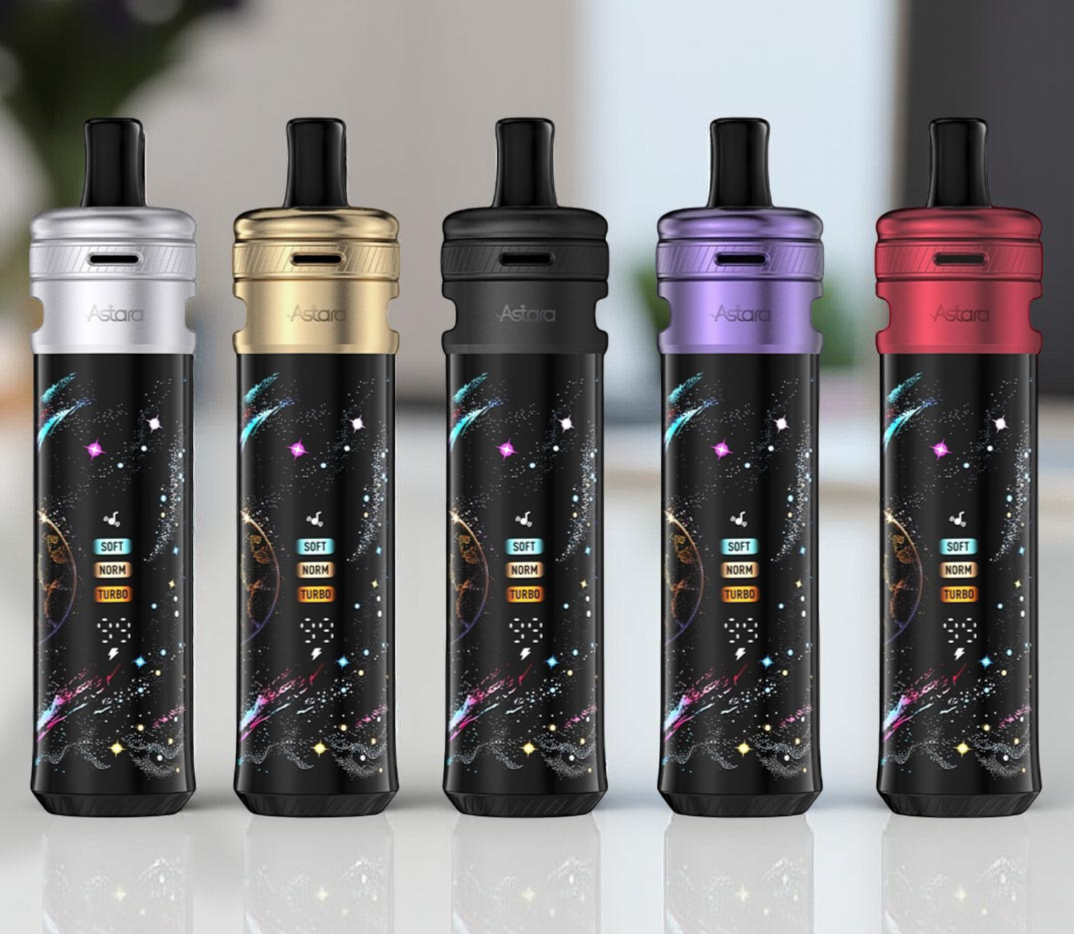 A lineup of five Lost Vape Astara Pod System Kits arranged side by side, showcasing the Space Galaxy, Fusion Galaxy, Infinity Galaxy, Mystic Galaxy, and Nova Galaxy color options, each featuring the signature 360 panoramic galaxy screen and a premium zinc-alloy frame