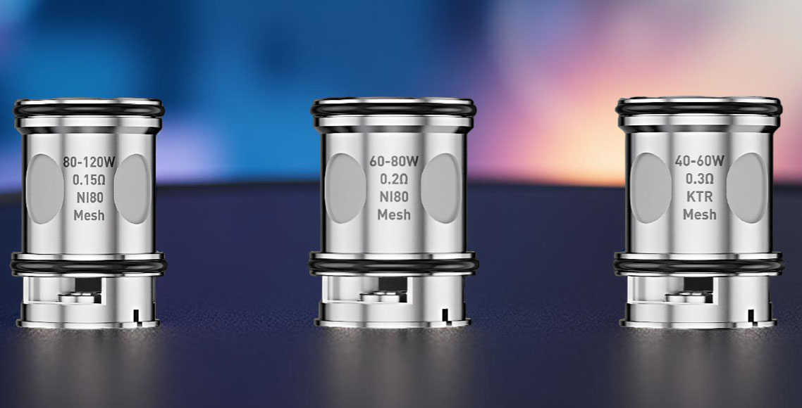 A side-by-side display of the three primary mesh atomizers for the Centaurus Sub Coo Tank, showing the UB Max X1 (0.15 ohm), the UB Max X2 (0.2 ohm), and the UB Max X3 (0.3 ohm) from left to right.