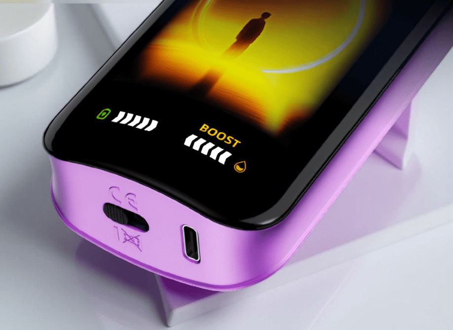 A detailed product shot of the Maskking Extre 100K that highlights the large LED display showing real-time battery and e-juice levels alongside a futuristic animation of a man facing a glowing circle, while the bottom view clearly displays the USB Type-C charging port and the manual airflow slider used to customize your draw resistance.