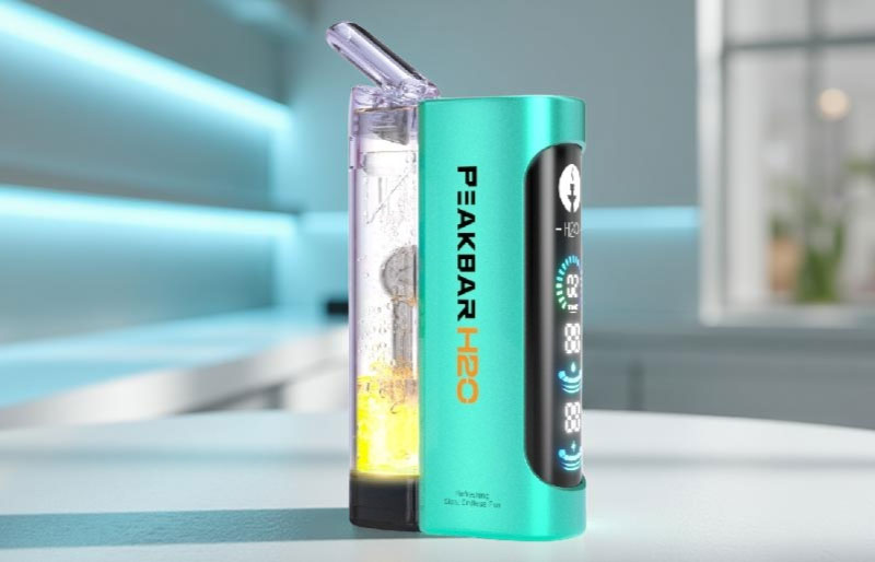 A single Peakbar H2O 40000 disposable vape with a transparent water chamber and a digital LED display showing battery and juice levels against a clean background