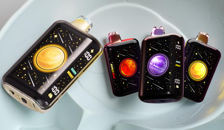 Close-up of the Spaceman SP50K 3D curved smart screen, showing a vibrant digital interface with "100%" battery and e-liquid levels alongside active "Norm" and "Boost" mode indicators and a stylized planet graphic.