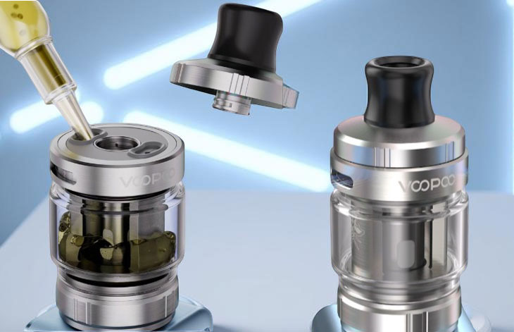 A side-by-side comparison showing the VOOPOO UFORCE-X Nano Tank being refilled via its simplified slide-to-fill top cap for mess-free maintenance (left) and a detailed closeup of the dual-inlet adjustable top-airflow system engineered to deliver a leak-proof, high-wattage vaping experience (right).