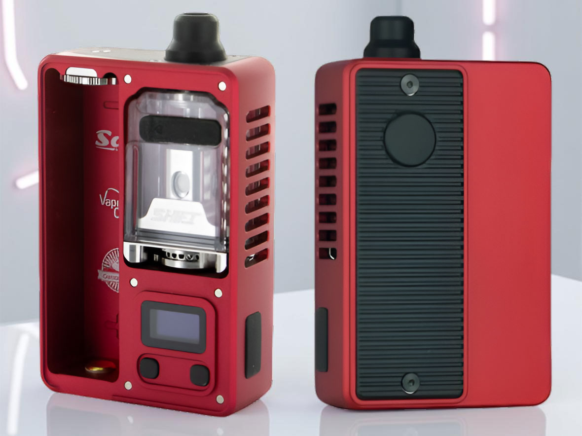 A vibrant red Vaperz Cloud SAN AIO Boro Box Mod Kit featuring a sleek, CNC-machined aluminum chassis with a matching integrated drip tip and a clear Shift Boro Tank visible through the side panel.
