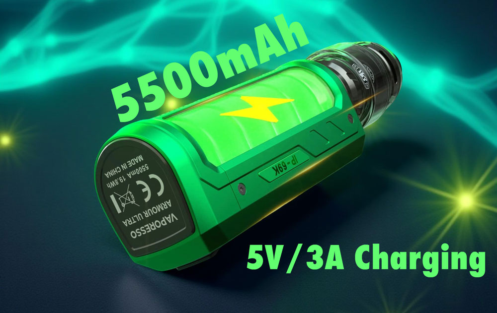 An illustration of the Vaporesso Armour Ultra mod featuring a glowing battery overlay with "5500mAh" text. An icon highlights the "5V/3A" fast-charging capability, emphasizing the device's ability to last up to 3 days, matching the power output of dual 18650 batteries
