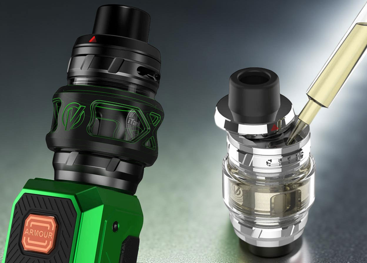 A two-part image showing the Vaporesso Armour Ultra. On the left, the complete kit is shown with the iTank T fully installed on the mod. On the right, a close-up shows the top-fill port of the iTank T being refilled with a dropper, highlighting the simplified maintenance.
