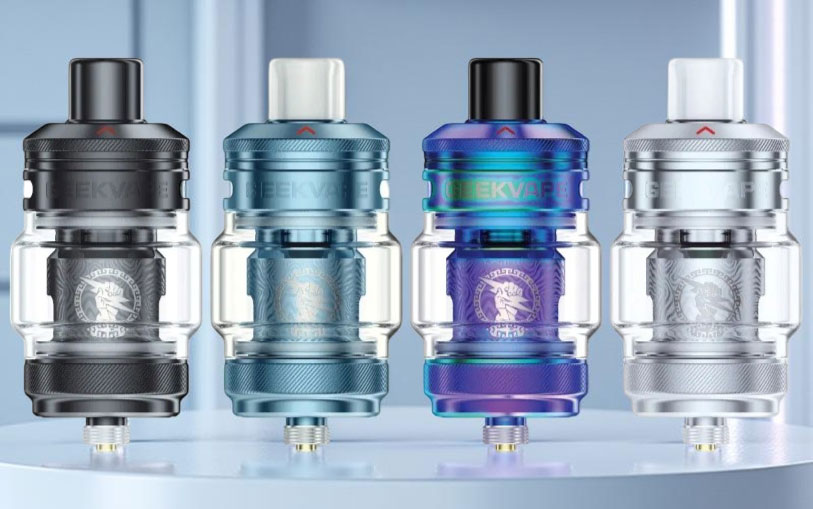 Image Alt TextA lineup of four Geekvape Z Nano 3 tanks in black, blue, rainbow, and silver finishes, showing the color-matched options included with the Aegis Mini 5 kit