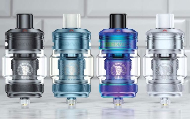 A lineup of Geekvape Z Nano 3 tanks with all 4 color options included: black, blue, rainbow, silver