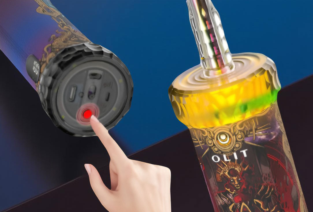 A side-by-side demonstration of the Olit Hookalit Plus interface, showing a finger positioned to press the red misoperation-proof mechanical button on the side of the device (left) and a detailed close-up of the dynamic ARGB lighting ring at the top glowing with a vibrant yellow spectrum (right).