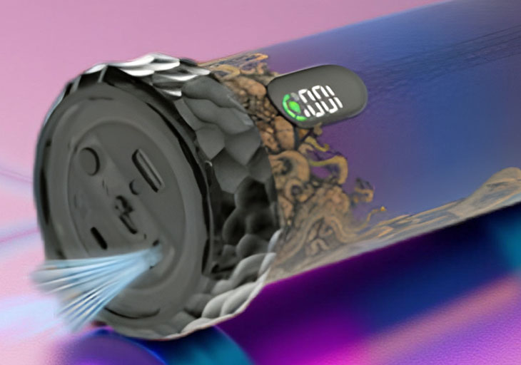 A detailed close-up of the base of the Olit Hookalit Plus disposable, highlighting the mechanical airflow slider with an illustrative overlay showing vapor paths for MTL and DTL draws, while the integrated digital screen remains visible to show active battery status.