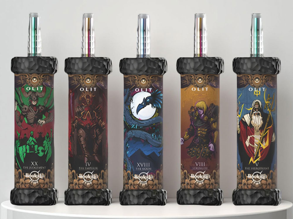 A lineup of premium Olit Hookalit Plus 100K disposable vapes featuring a cylindrical, shisha-style design and amazing finishes