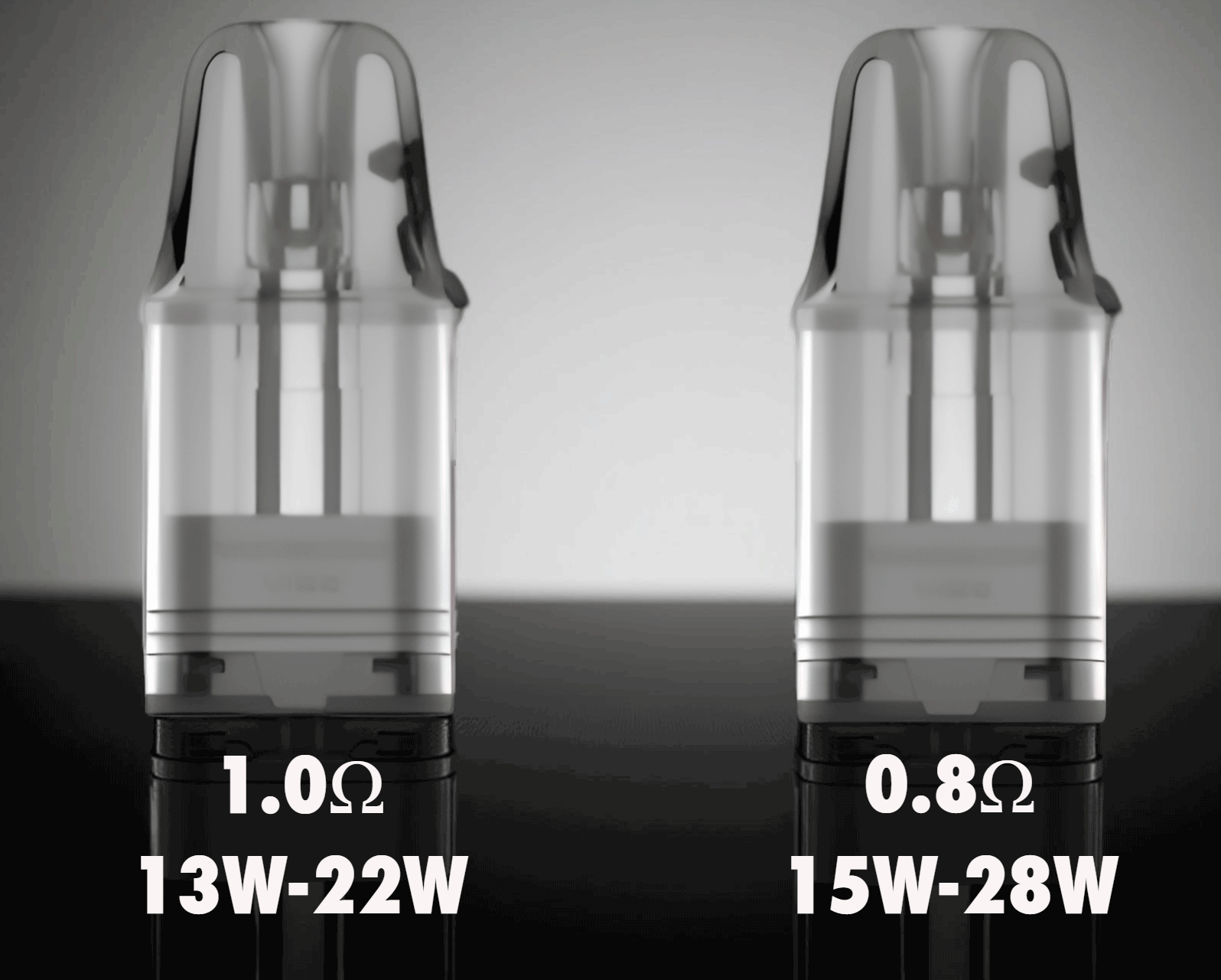 A side-by-side display of the two Vaporesso Vibe Series pod options; the 1.0ohm pod is shown on the left as the dedicated choice for a smooth, classic mouth-to-lung draw, while the 0.8ohm pod is on the right, highlighting its capability for richer flavor and increased vapor production.