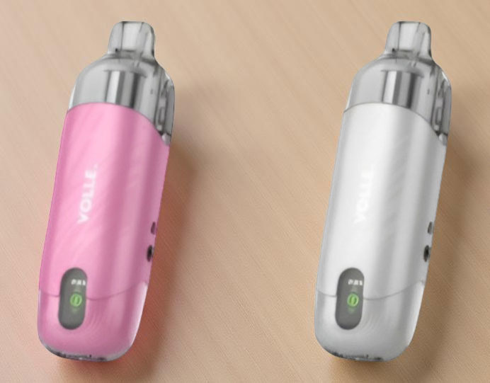 A side-by-side display of the SMOK Volle Pod System in Pink and Silver finishes, highlighting the simplified digital screen and the tactile side-airflow switch integrated into the durable zinc-alloy frame.