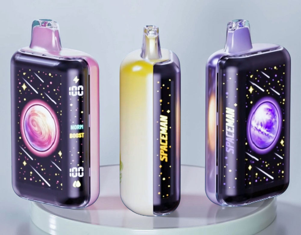 Three sleek, high-capacity Spaceman SP50K disposable vapes by SMOK, featuring a futuristic 3D curved color screen that displays real-time battery and e-liquid levels