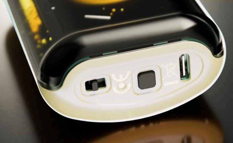 The bottom of a Spaceman SP50K disposable vape by SMOK, featuring a USB-C charging port, a physical button used for locking/unlocking and mode switching, and a three-level adjustable airflow slider for customizing draw resistance.