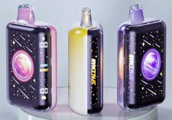 Close-up of the Spaceman SP50K 3D curved smart screen, showing a vibrant digital interface with "100%" battery and e-liquid levels alongside active "Norm" and "Boost" mode indicators and a stylized planet graphic.