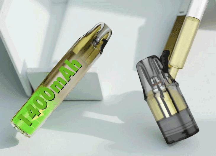 A split-screen product demonstration of the Vaporesso VIBE SE2; the left side features a technical illustration of the integrated 1400mAh battery emphasizing its all-day power capacity, while the right side shows a close-up of the 4.5ml pod being refilled through the convenient top-fill port without being removed from the device.